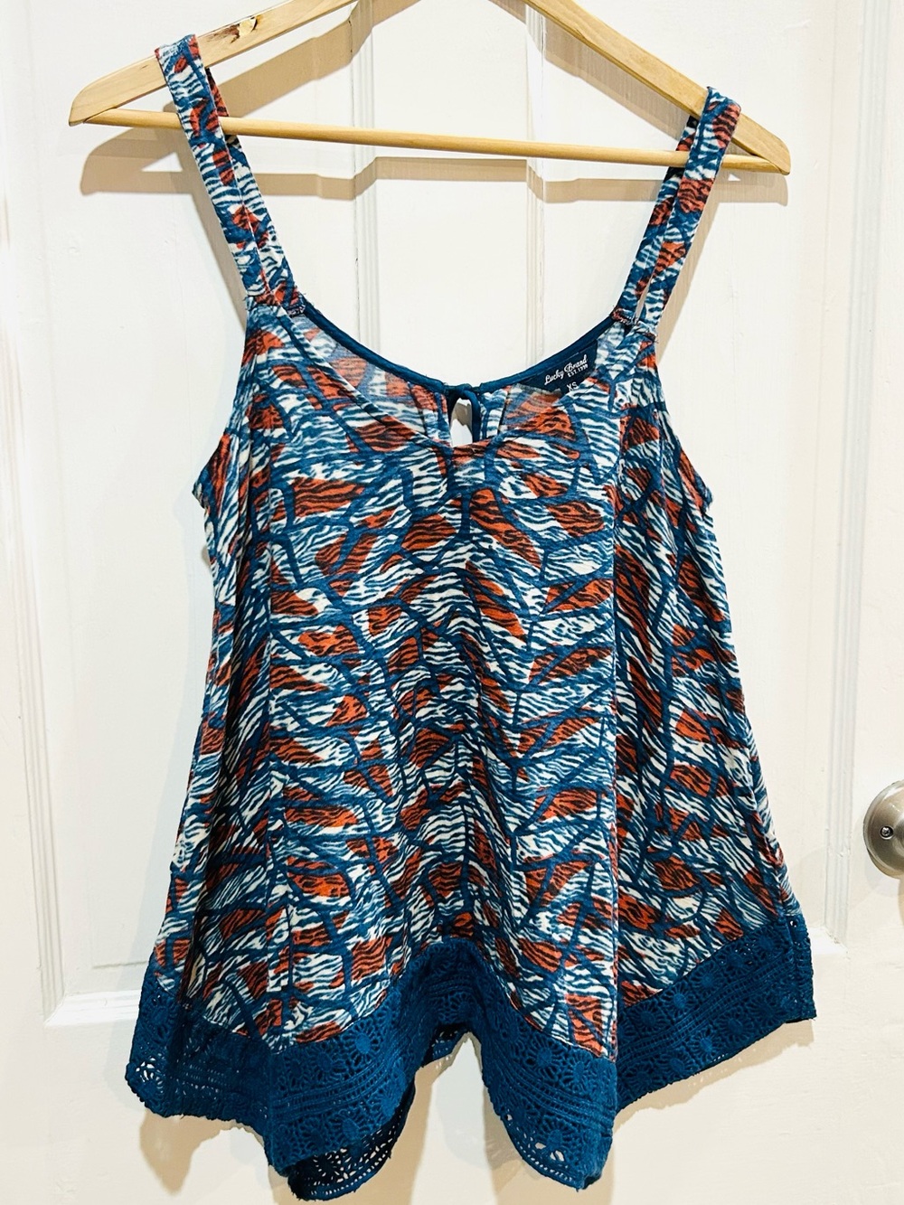 Lucky Brand Boho Crochet Lace Trim Swing Tank Top Summer Festival 100% Cotton XS